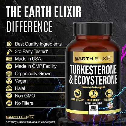 Turkesterone 1000mg and Ecdysterone 1000mg Supplements (180 Capsules) 2 Month Supply - 3rd Party Tested- Turkesterone Supplement for Men (Ajuga Turkestanica) with 95% Beta Ecdysterone