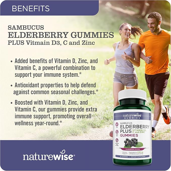 NatureWise Sambucus Elderberry Gummies - Immune Support Supplement for Kids Ages 4+ & Adults with Vitamin C, D3, Zinc - Elderberries Equivalent to 3520mg - Vegan, Non-GMO - 180 Count[90-Day Supply]