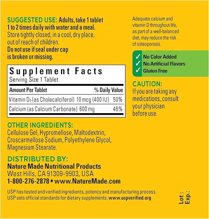 Nature Made Calcium 600 mg with Vitamin D3, Dietary Supplement for Bone Support, 60 Tablets