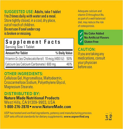 Nature Made Calcium 600 mg with Vitamin D3, Dietary Supplement for Bone Support, 60 Tablets