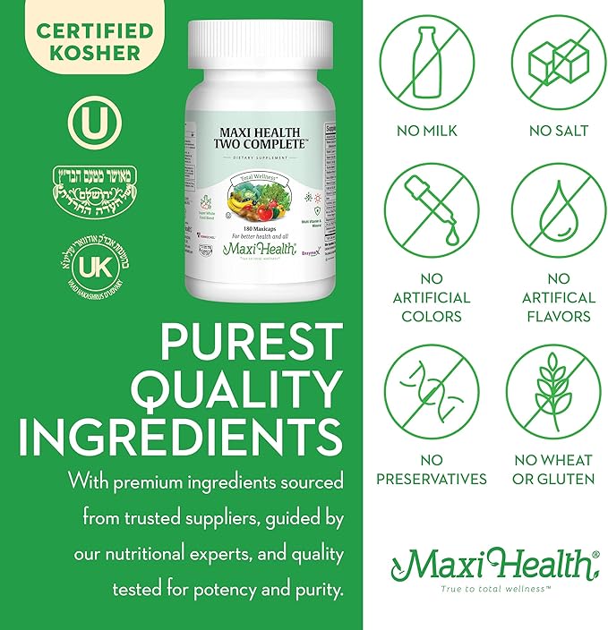 Maxi Health Two Complete - Multivitamins and Minerals - Full Potency - 180 Capsules - Kosher