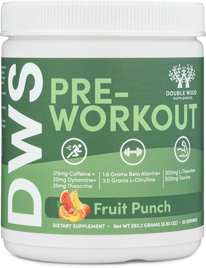 Pre Workout Powder for Men & Women (30 Servings of Caffeine, Beta Alanine, L-Citrulline, Dynamine, L-Theanine, Taurine, Theacrine, & More) Preworkout Powder with Scoop by Double Wood (Fruit Punch)