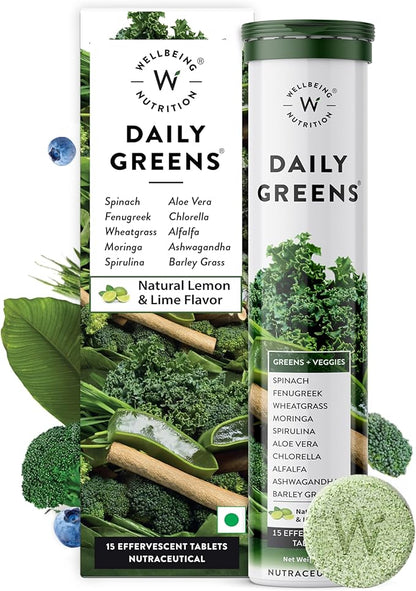 WELLBEING NUTRITION Daily Greens, Wholefood Multivitamin with Vitamin C, Zinc, B6, B12 for Immunity and Detox with 39+ Organic Certified Plant Superfoods & Antioxidants(15Tabs x 2) (63 g (Pack of 2))