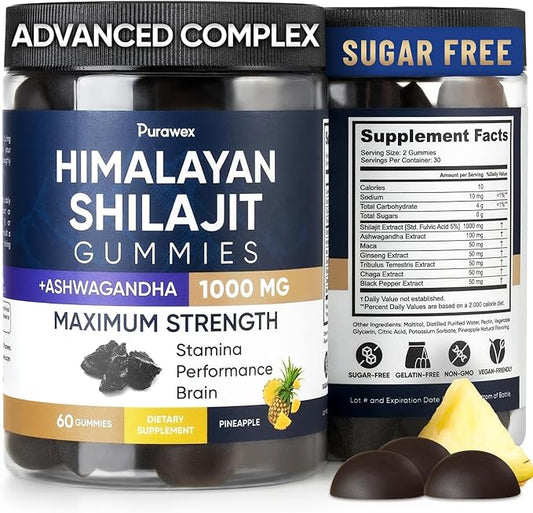 Shilajit Gummies 1000mg for Men and Women, Energy, Immunity Support, Pure Himalayan Shilajit Gummies with Ashwagandha, Sugar Free, Vegan, Pineapple Flavor, 30 Day Supply, Manganese, 60 pcs