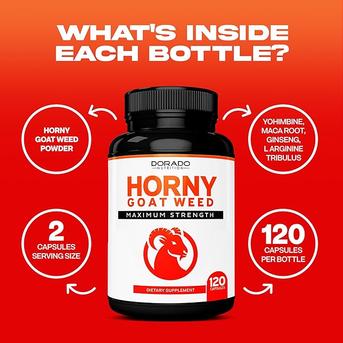 Horny Goat Weed For Men and Women - [Maximum Strength 1590mg] Maca, Ginseng, L-Arginine, Tribulus - Premium Hornygoatweed For Men - Icariin Epimedium For Men - 3rd Party Tested - USA Made - 120 Count
