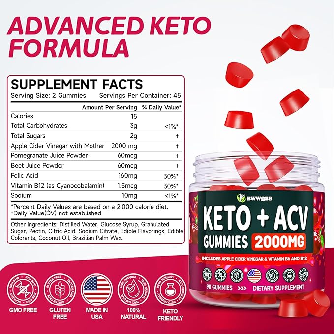 Keto ACV Gummies Advanced Formula 2000mg, 90 Vegan Gelatin-Free Advanced Keto Acv Gummies with Pomegranate & Beetroot, Natural Ingredients, Alternative to Keto Drops