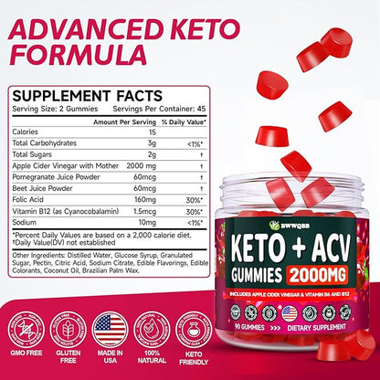 Keto ACV Gummies Advanced Formula 2000mg, 90 Vegan Gelatin-Free Advanced Keto Acv Gummies with Pomegranate & Beetroot, Natural Ingredients, Alternative to Keto Drops