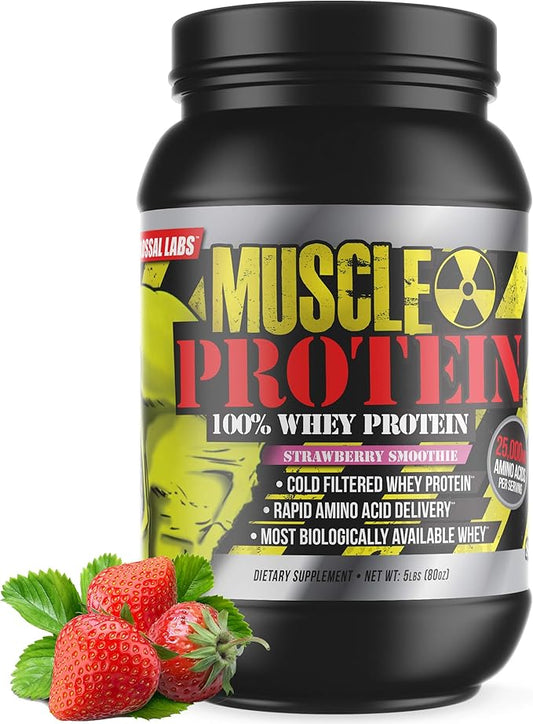 Muscle Protein Whey Powder [5 lbs/Pack of 1]–Strawberry Protein Powder, Cold Filtered, 25g Pure Protein, 6.6g BCAAs (Packaging May Vary)