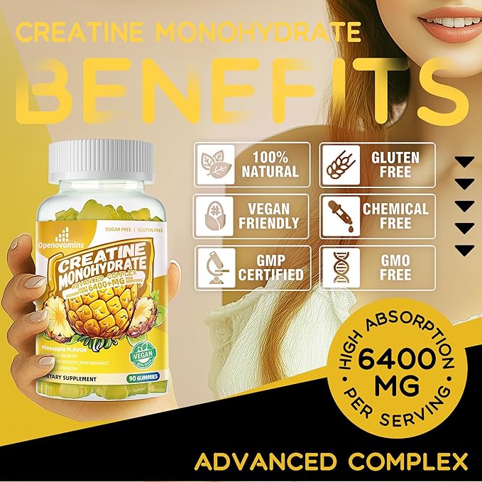 Creatine Monohydrate Gummies Complex 6400mg for Men & Women -Advanced Formula W/L-Taurine + Vitamin B12, Sugar Free Chewable Supplement,90 Pineapple Gummies