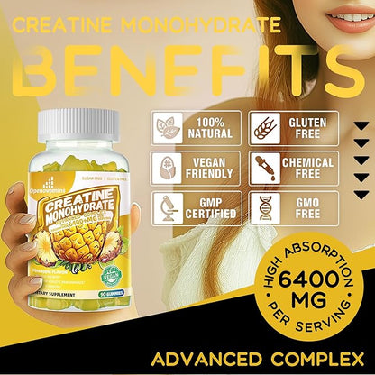 Creatine Monohydrate Gummies Complex 6400mg for Men & Women -Advanced Formula W/L-Taurine + Vitamin B12, Sugar Free Chewable Supplement,90 Pineapple Gummies