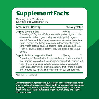 Feel Great Vitamins Super Greens Tablets | Organic Greens, Fruits and Veggies Supplement | Fruit and Veggie Supplement with Kale, Spinach Extract, Green Onion, and More, 60 Tablets