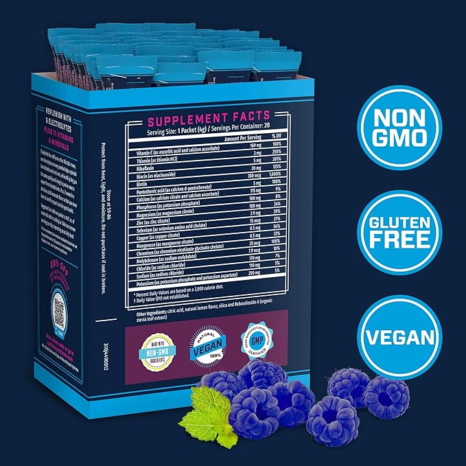 KEY NUTRIENTS Electrolytes Powder Packets - Delicious Blue Raspberry 20 Pack Hydration Packets - Travel Hydration Powder - Made in USA - No Sugar, No Calories, Gluten Free
