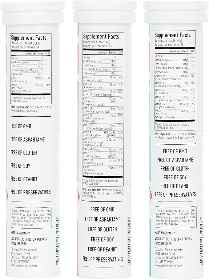 Effervescent Variety Pack with Vitamin C 1000mg, Magnesium + B Complex, Multivitamin + Biotin, 12-Pack, 240 Tablets