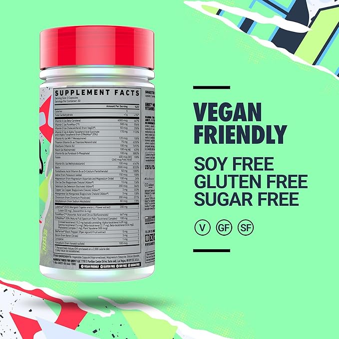 GHOST Multi Multivitamin for Men & Women, 90 Capsules - Loaded with 21 Vitamins, Minerals & Key Nutrients - Vitamin A, Vitamin C, Vitamin D, Vitamin E & Zinc - Free of Gluten, Soy & Sugar, Vegan