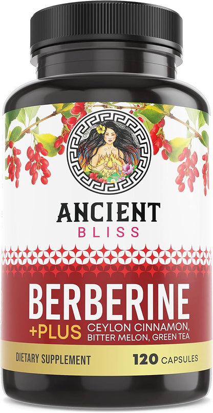 Ancient Bliss Berberine HCL 1200mg with Ceylon Cinnamon, Bitter Melon, and Green Tea Extract - 120 Capsules Supports Glucose Metabolism, Immune System