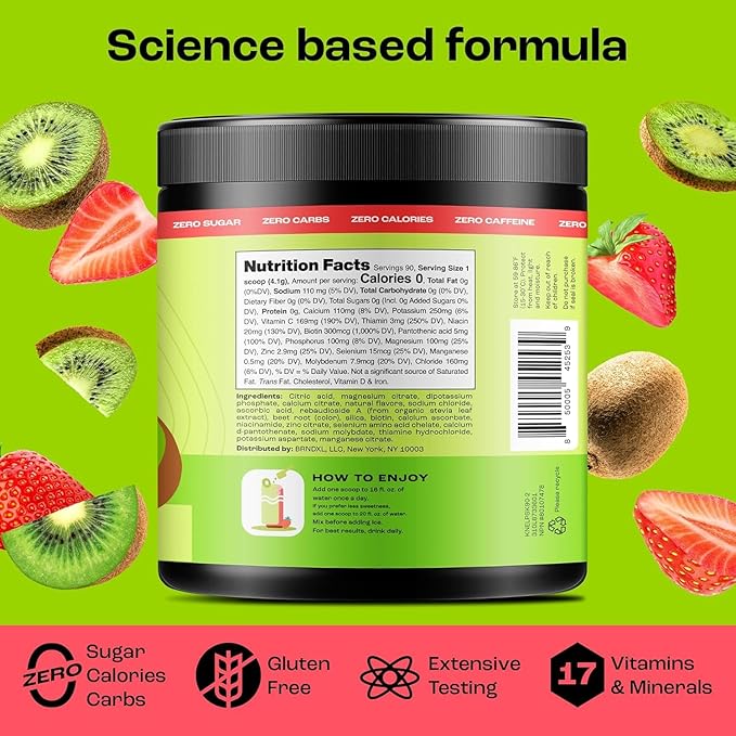 KEY NUTRIENTS Multivitamin Electrolytes Powder No Sugar - Juicy Strawberry Kiwi Electrolyte Powder - Endurance & Energy Supplement - Hydration Powder - No Calories - 90 Servings - Made in USA