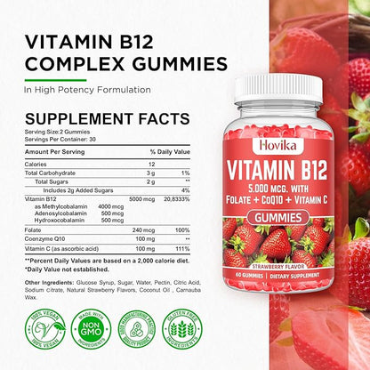 Vitamin B12 Complex 5000 mcg Methyl B12, Adenosyl B12 & Hydroxy B12, with Coenzyme Q10, Folate, Vitamin C, Chewable B 12 for Energy Support, Metabolism, Bone Health - Strawberry Flavor, 2 Pack