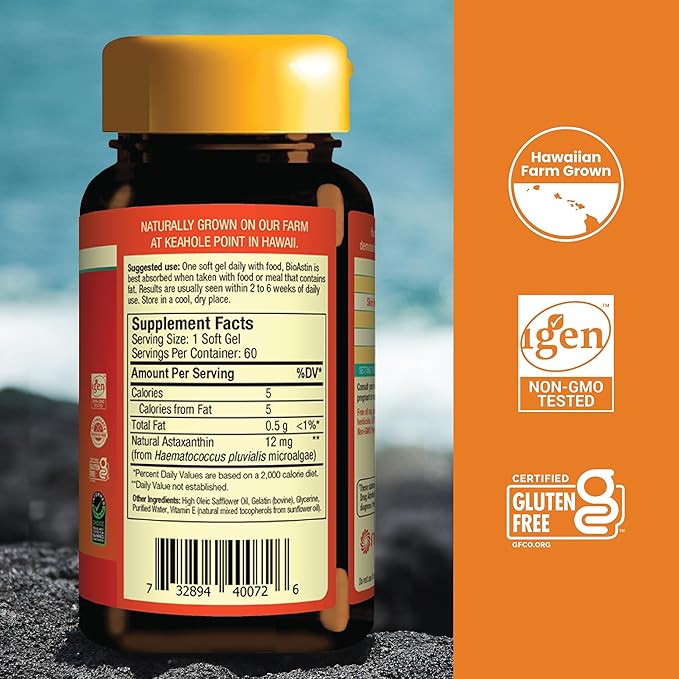 Nutrex Hawaii BioAstin Hawaiian Astaxanthin - 12mg, 60 Softgels - Farm-Direct Premium Antioxidant Supplement to Support Eye, Skin, Joint & Immune System Health - Non-GMO & Gluten-Free