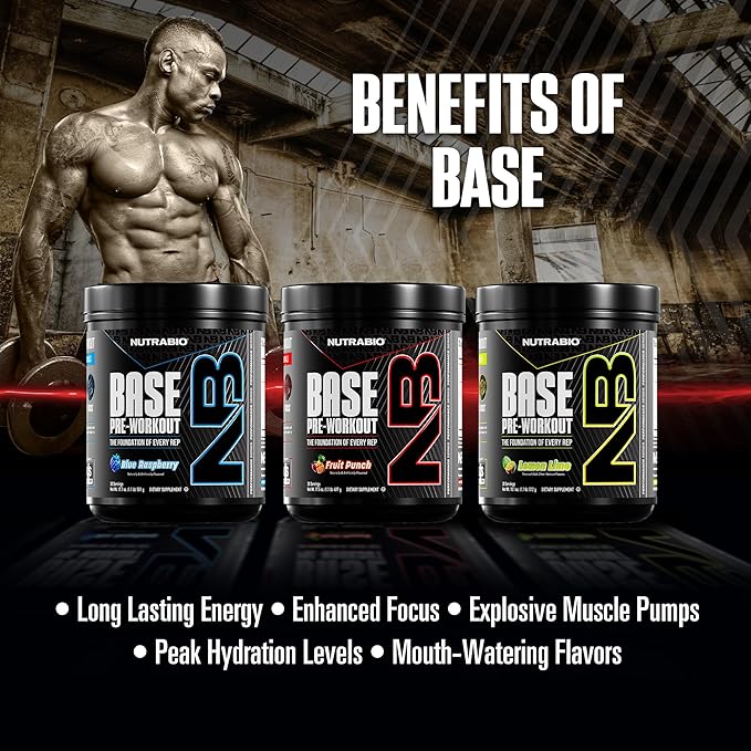 NutraBio Base Pre-Workout Sports Nutrition Powder - Sustained Energy, Mental Focus, Endurance, Hydration - Preworkout for Men and Women - Increase Energy- 30 Servings - Lemon Lime