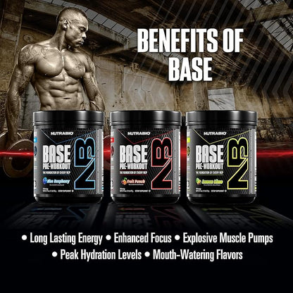 NutraBio Base Pre-Workout Sports Nutrition Powder - Sustained Energy, Mental Focus, Endurance, Hydration - Preworkout for Men and Women - Increase Energy- 30 Servings - Lemon Lime