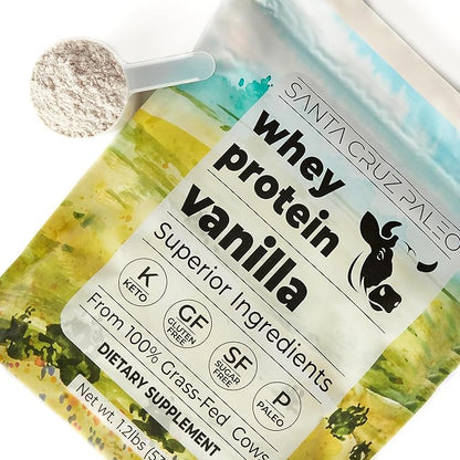 Santa Cruz Paleo Whey Protein Powder, Vanilla, 20g Grass Fed Whey Protein Isolate Per Serving, Gluten Free, Keto, Sugar Free, Paleo, Natural, Post Workout Muscle Support, 20 Servings, 1.2lb Bag