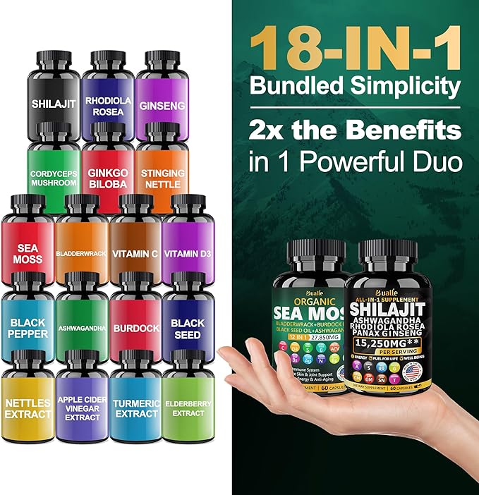 Sea Moss and Shilajit Bundle - 60 Count - Sea Moss 18000mg, Black Seed Oil 4000mg, Ashwagandha 1000mg, Ginger & Shilajit 9000mg, Rhodiola Rosea 1000mg, All in 1 Supplements (2 Pack)
