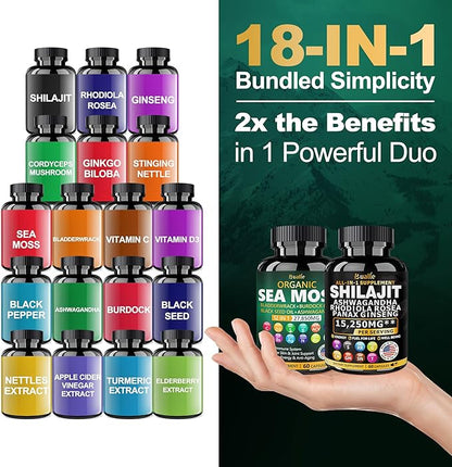 Sea Moss and Shilajit Bundle - 60 Count - Sea Moss 18000mg, Black Seed Oil 4000mg, Ashwagandha 1000mg, Ginger & Shilajit 9000mg, Rhodiola Rosea 1000mg, All in 1 Supplements (2 Pack)