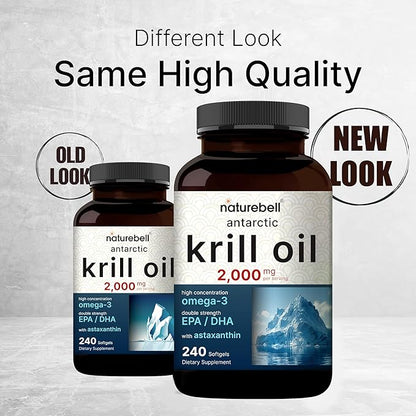 Antarctic Krill Oil 2000mg Supplement, 240 Softgels, 3X Strength Natural Source of Omega-3s, EPA 240mg + DHA 160mg + Astaxanthin 800mcg – No Fishy Aftertaste – Mercury Free & Non-GMO