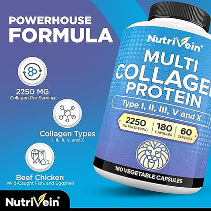 Nutrivein Multi Collagen Pills 2250mg - 180 Collagen Capsules - Type I, II, III, V, X - Anti-Aging, Healthy Joints, Hair, Skin, Bones, Nails, Hydrolyzed Protein Collagen Peptides for Woman and Men