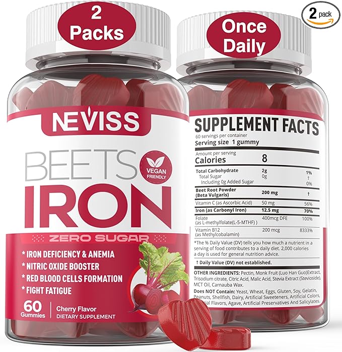 Sugar Free Iron Gummies, w/Beet Root, Vitamin C, B12, Folate for Iron Deficiency, Anemia, Energy Support, Gentle Iron Supplement for Women Men, Non-Constipating, No Rust Aftertaste, Vegan, 2 Pack