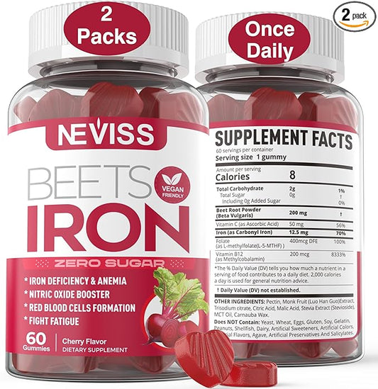 Sugar Free Iron Gummies, w/Beet Root, Vitamin C, B12, Folate for Iron Deficiency, Anemia, Energy Support, Gentle Iron Supplement for Women Men, Non-Constipating, No Rust Aftertaste, Vegan, 2 Pack