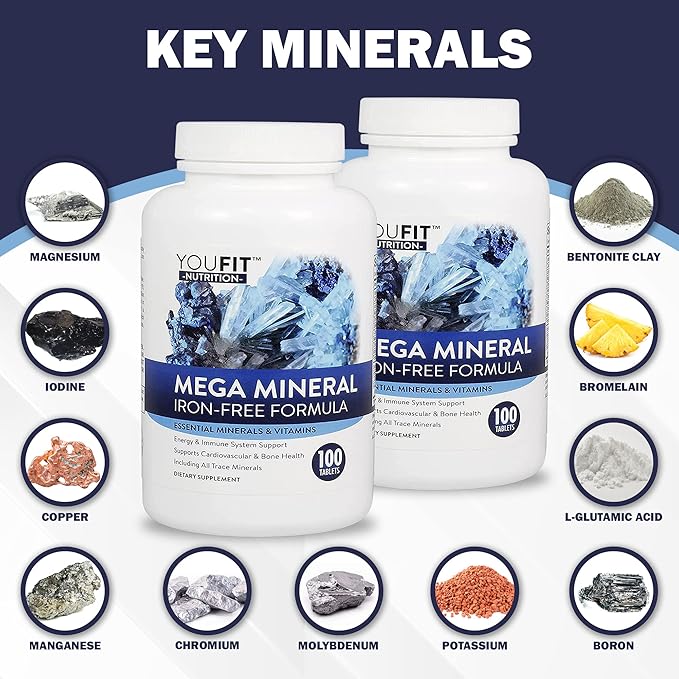 Mega Minerals Supplement by Youfit Nutrition | All 72 Trace Minerals | Premium Formula with Source of Minerals and Immune Health Support | Iron Free | All in One |1000mg Calcium 500mg Magnesium