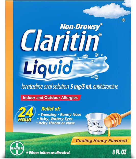 Claritin New Cooling Honey Flavored Liquid, 24hr Non-Drowsy Allergy Medicine for Adults — Instantly Soothing Liquid for Relief of Sneezing, Runny Nose, Watery Eyes and Itchy Throat 8 oz