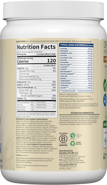 Garden of Life Vegan Protein Powder - Caramel Mocha Latte - 20g Plant Protein, BCAAs, Probiotics & Digestive Enzymes - Gluten-Free, Non-GMO