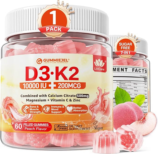 Sugar-Free Vitamin D3 K2 Filled Gummies 5000IU / 10,000 IU with 500mg Calcium + K2 (MK-7) 200mcg, Magnesium Citrate, Vitamin C, Extra Strength - Ultimate Absorption for Bone Muscle Teeth Immune, Vegan