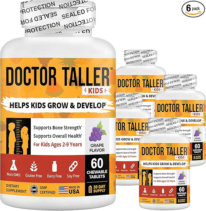NuBest Doctor Taller Kids - Kids Multivitamins, Toddler Vitamins - Support Healthy Height, Height Growth and Bone Strength for Ages 2 to 9 - Grape Flavor - 60 Vegan Chewable Tablets | 6 Pack