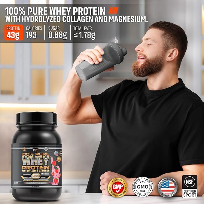 DL 100% Pure Whey Protein + Collagen + Magnesium | 43g. Protein & Essential BCAA´s | Muscle Gain, Recovery & Nutrient delivery | Low Fat Protein | Quik & Easy Mixing | 1 kg (1KG, Strawberry)