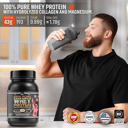 DL 100% Pure Whey Protein + Collagen + Magnesium | 43g. Protein & Essential BCAA´s | Muscle Gain, Recovery & Nutrient delivery | Low Fat Protein | Quik & Easy Mixing | 1 kg (1KG, Strawberry)