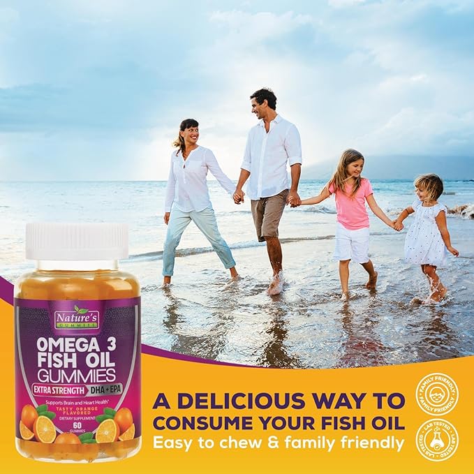 Omega Fish Oil Gummies - Delicious Orange Flavor Fish Oil Omega 3 Supplements with Heart Healthy EPA & DHA Fatty Acids for Heart, Joint & Brain Support - Omega 3 Fish Oil Gummy Vitamins - 60 Gummies