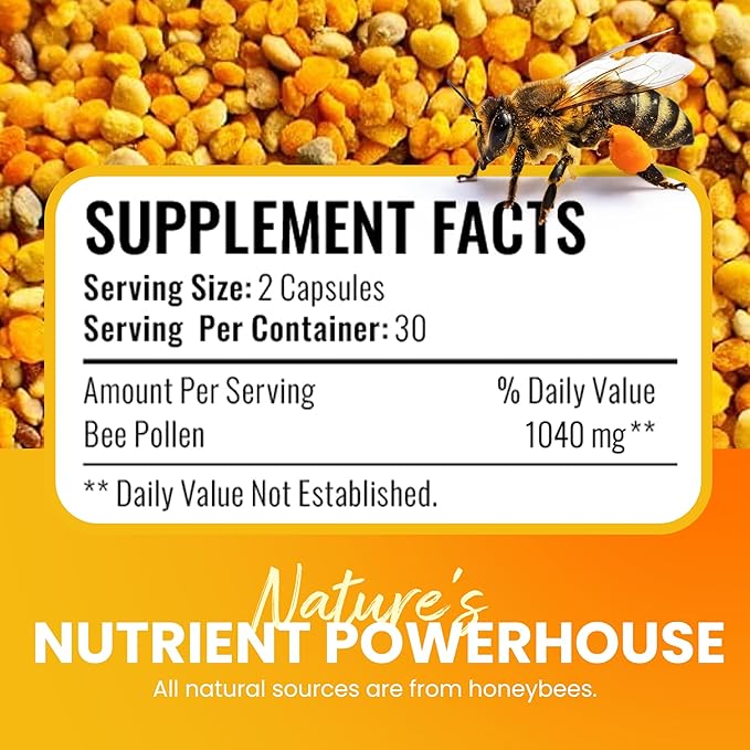Bee pollen Supplement 100% Natural Raw Bee pollen in Veggie Caps Fermented Pollen Multivitamin, Probiotic Superfood, Vital Proteins, Amino Acids, Immune Support &Energy 60 Pollen Capsules
