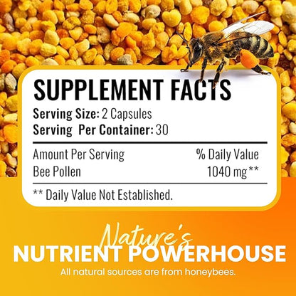 Bee pollen Supplement 100% Natural Raw Bee pollen in Veggie Caps Fermented Pollen Multivitamin, Probiotic Superfood, Vital Proteins, Amino Acids, Immune Support &Energy 60 Pollen Capsules