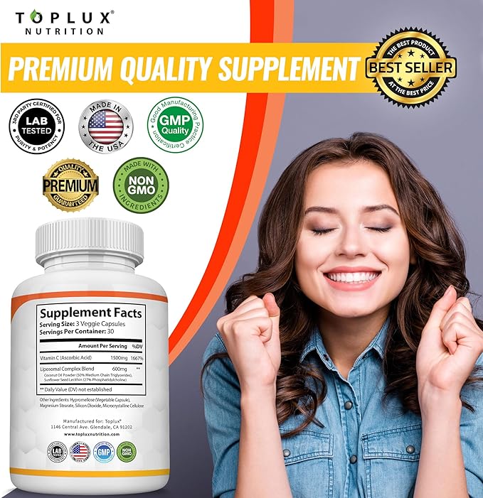 Liposomal Vitamin C 2100mg High Absorption Fat Soluble VIT C - Immune Support Collagen Booster Immunity Defense & Powerful Antioxidant, MCT Oil & Sunflower Lecithin, Acsorbic Acid, Vegan Non-GMO