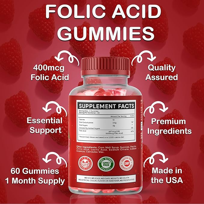Folic Acid Gummies 400mcg - Essential Prenatal & Pregnancy Gummy for Women, Moms & Baby to Be - 60 Raspberry Flavored Folate Gummy Vitamins - Made in The USA