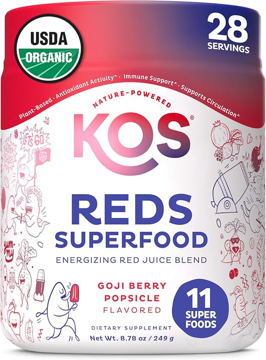 KOS Reds Superfood Powder for Antioxidants - USDA Certified Organic Beet Root, Goji Berries, Acai, Pomegranate, Coconut Water & Digestion Enzymes- Goji Berry Popsicle Flavor Juice Mix - 28 Servings