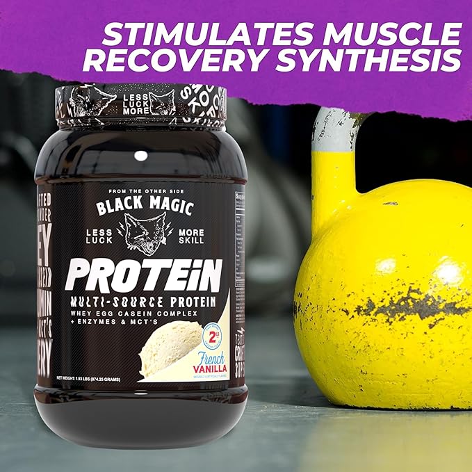 Worldwide Nutrition Black Magic Multi-Source Protein Powder - Whey, Egg Albumin Enzymes, Micellar Casein & MCTs - Muscle Mass Gaining - French Vanilla Flavor - 2 LB with Bonus Multi Purpose Key Chain