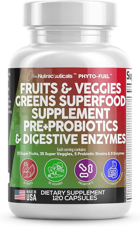 Clean Nutraceuticals Fruits and Veggies Supplement Reds & Green Superfood - Balance of Over 70 Fruit & Vegetable Supplements Capsules with Probiotics Prebiotics Digestive Enzymes - 120 Ct USA