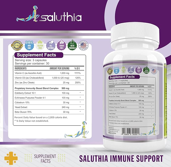 Immune Support Vitamins - Powerful Blend of Vitamin C (1.000 mg), Vitamin D3, Zinc, Elderberries, Colostrum, Echinacea -Immunity Booster and Respiratory Support