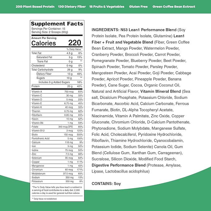 Lean1 Plant-Based Meal Replacement Protein Powder, Chocolate Flavor, 15-Serving Tub