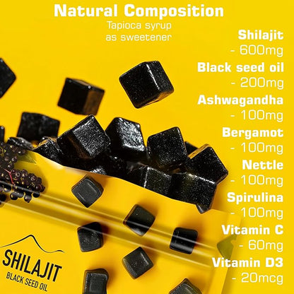 1280mg Gold Shilajit Gummies with Black Seed Oil, Ashwagandha, Spirulina, Vitamins C & D3 - Himalayan Shilajit for Men Women, Immune & Energy Support, Vegan Supplement, 120 Ct
