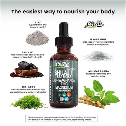 Shilajit Liquid Drops with Sea Moss, Ashwagandha, Zinc, Magnesium, Liquid Vitamins for Women and Men - Terra Mineral by Clean Nutra
